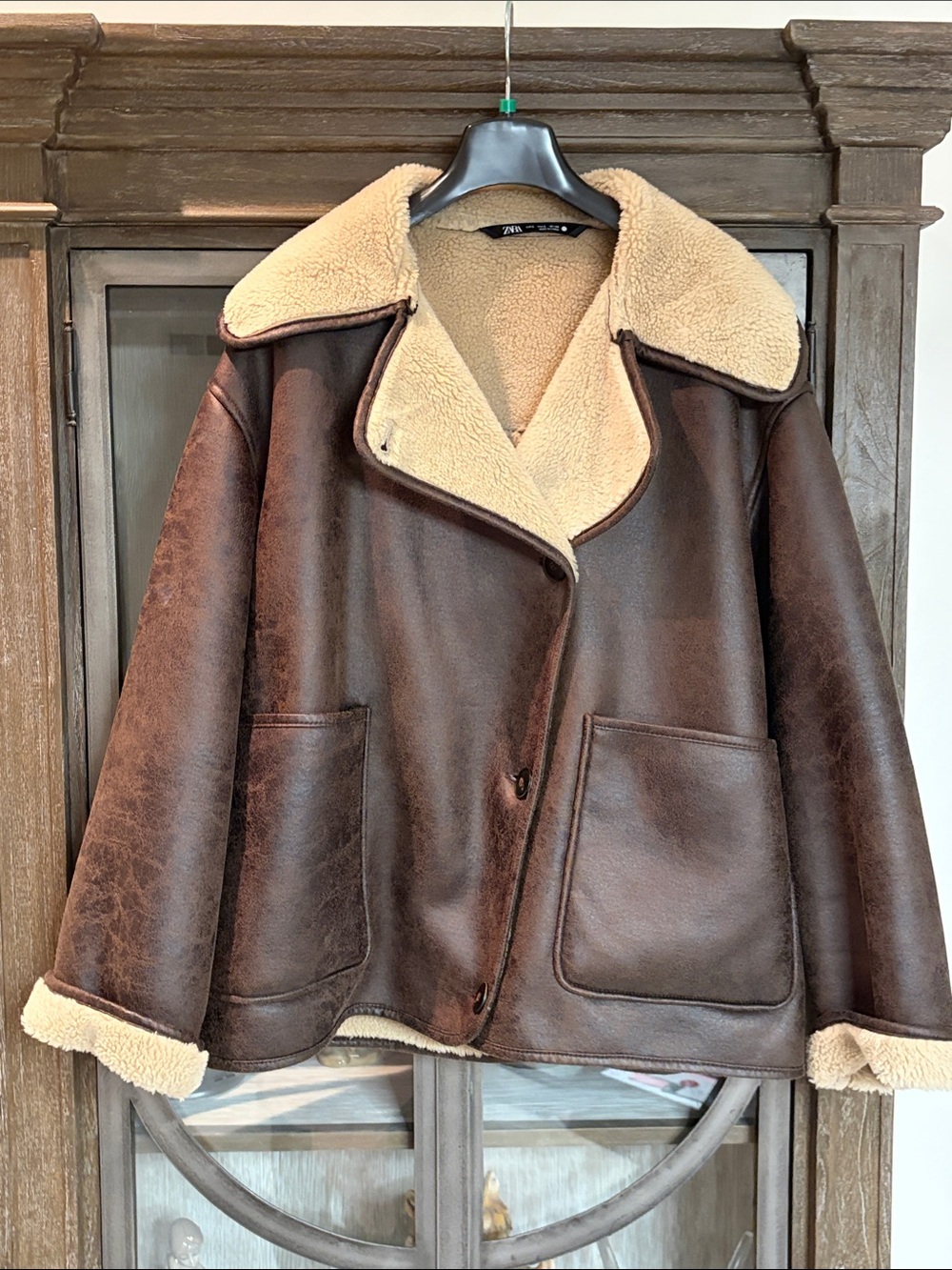 Zara Chocolate Brown Faux Shearling Aviator Coat